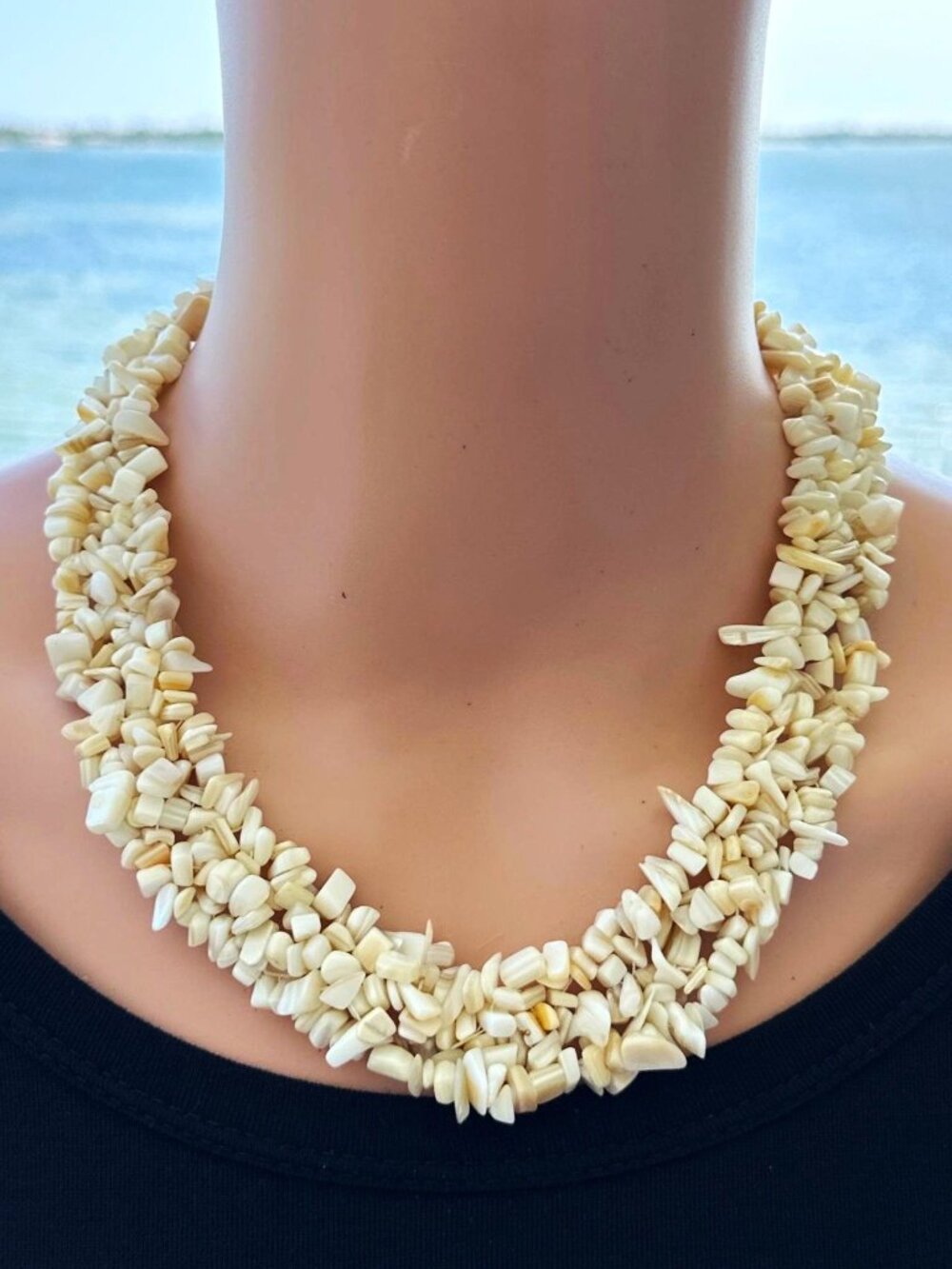 Various Natural Stone Necklace Sea Shell Chips Neutral Tones Cream